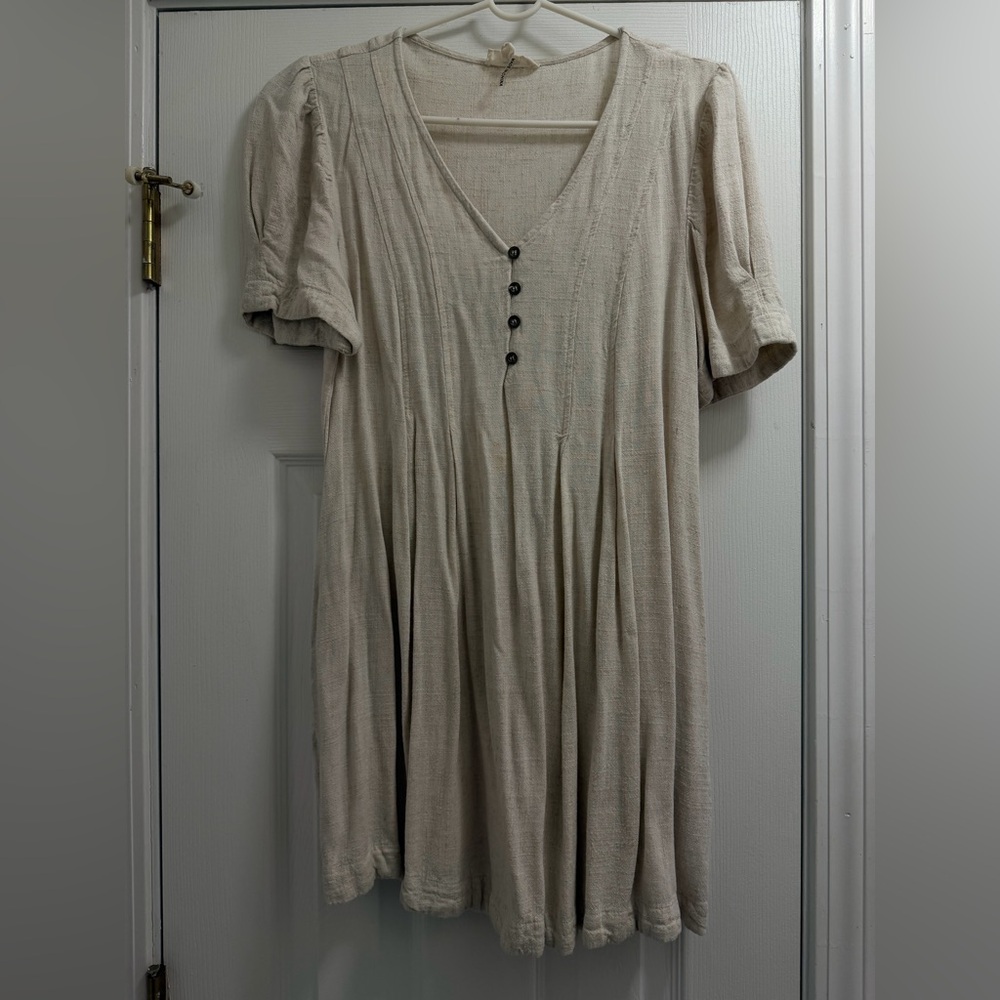 Beige V-Neck Buttoned Dress